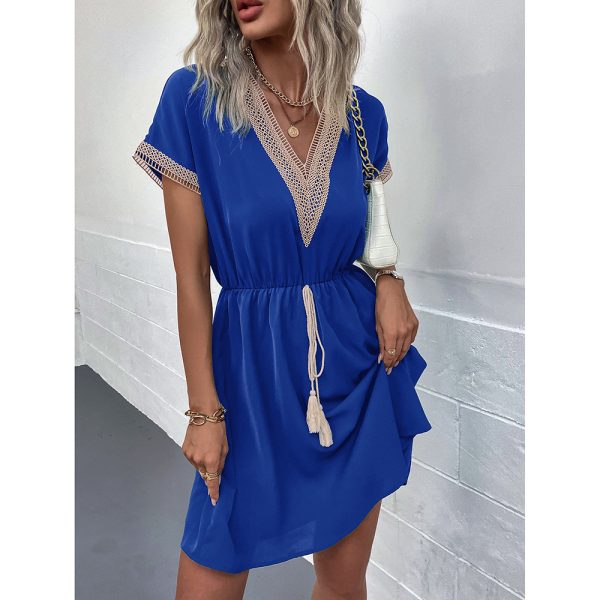Women's Clothing Summer 2026 Casual Fashion Lace Patchwork V-Neck Tie-Up Short Dress