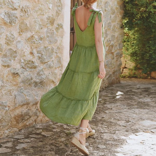 Summer Women's Clothing Elegant Sleeveless Solid Color Cotton Linen Dress with Ruffle Hem