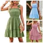 New Arrival 2026 Summer Women's Elegant Solid Color Spaghetti Strap Waist-Cinching Ruffled A-Line Dress
