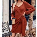 Autumn Fashion Women's Solid Color Long Sleeve V-Neck Slim Fit Tie-Waist Knee-Length Dress
