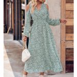 2026 New Arrivals Autumn Women's Fashion Casual Off-Shoulder Floral V-Neck Long Sleeve Maxi Dress