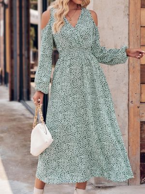2026 New Arrivals Autumn Women's Fashion Casual Off-Shoulder Floral V-Neck Long Sleeve Maxi Dress