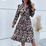 Elegant Woman Dress Autumn New V-Neck Ruched Print Tie Waist Long Sleeve Midi Dress