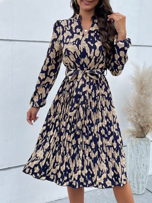Elegant Woman Dress Autumn New V-Neck Ruched Print Tie Waist Long Sleeve Midi Dress