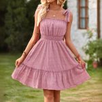 New Arrival 2026 Summer Women's Elegant Solid Color Spaghetti Strap Waist-Cinching Ruffled A-Line Dress