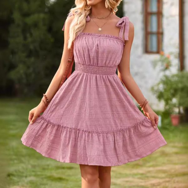 New Arrival 2026 Summer Women's Elegant Solid Color Spaghetti Strap Waist-Cinching Ruffled A-Line Dress