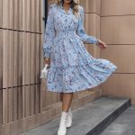 Women's Clothing High Quality Long Sleeve V-Neck Floral Print Waist-Tied Knee-Length A-Line Dress