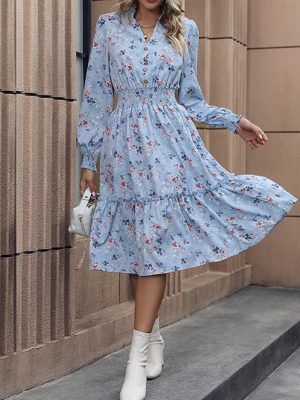 Women's Clothing High Quality Long Sleeve V-Neck Floral Print Waist-Tied Knee-Length A-Line Dress