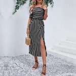 Zaba Clothing Women Summer Elegant Off-Shoulder Striped Tie Waist Midi Dress