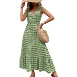 Zaba Clothing Women's Elegant Diamond Print Sleeveless V-Neck Tie-Waist Maxi Dress