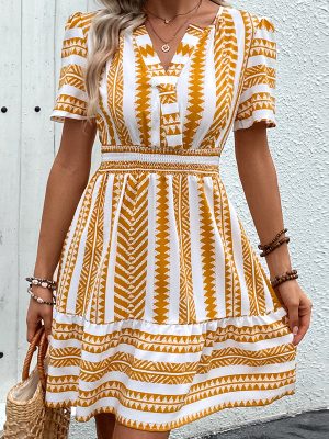 New Arrivals 2026 Fashion V-Neck Bohemian Style Color Block Printed Dress