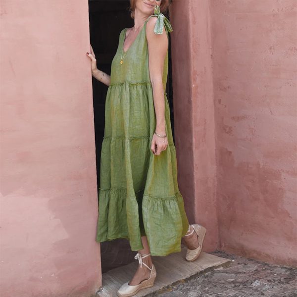 Summer Women's Clothing Elegant Sleeveless Solid Color Cotton Linen Dress with Ruffle Hem