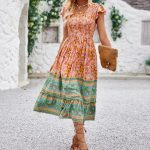 Summer Women's Clothing Elegant Floral Print V-Neck Flutter Sleeve Bohemian Midi Dress