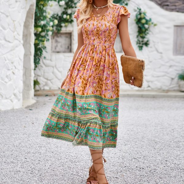 Summer Women's Clothing Elegant Floral Print V-Neck Flutter Sleeve Bohemian Midi Dress