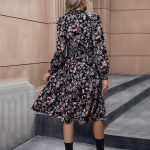 Women's Clothing High Quality Long Sleeve V-Neck Floral Print Waist-Tied Knee-Length A-Line Dress