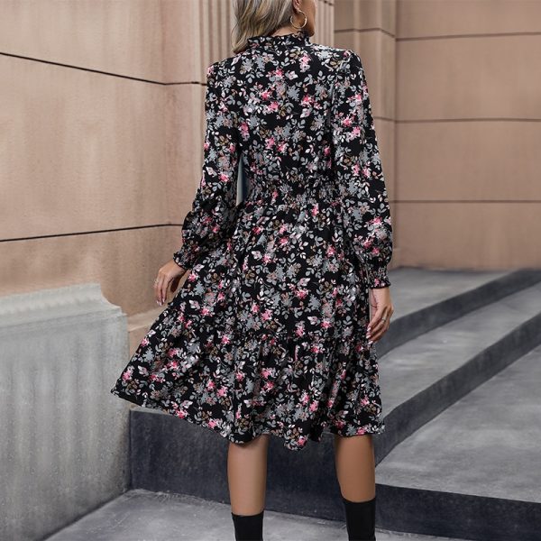 Women's Clothing High Quality Long Sleeve V-Neck Floral Print Waist-Tied Knee-Length A-Line Dress