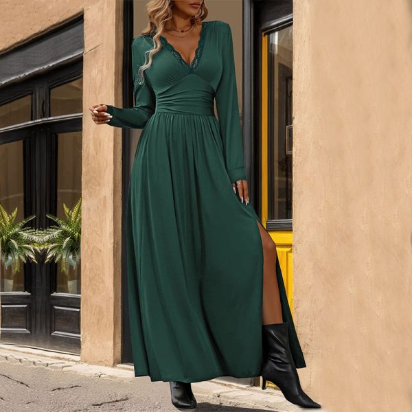 Autumn New Arrivals Women's Clothing Elegant Lace Spliced V-Neck Solid Color Slit Slim Fit Maxi Dress