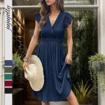 New Arrivals 2026 Women's Elegant Solid Color V-Neck Waist-Gathered Pleated Dress