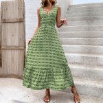 Zaba Clothing Women's Elegant Diamond Print Sleeveless V-Neck Tie-Waist Maxi Dress