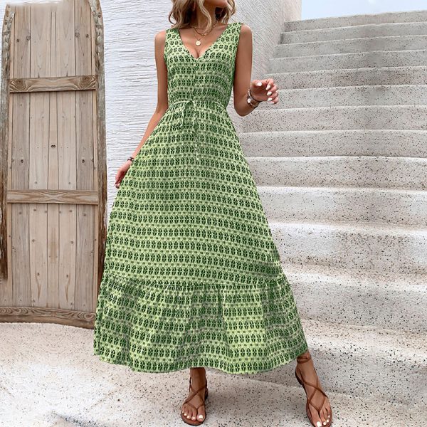 Zaba Clothing Women's Elegant Diamond Print Sleeveless V-Neck Tie-Waist Maxi Dress