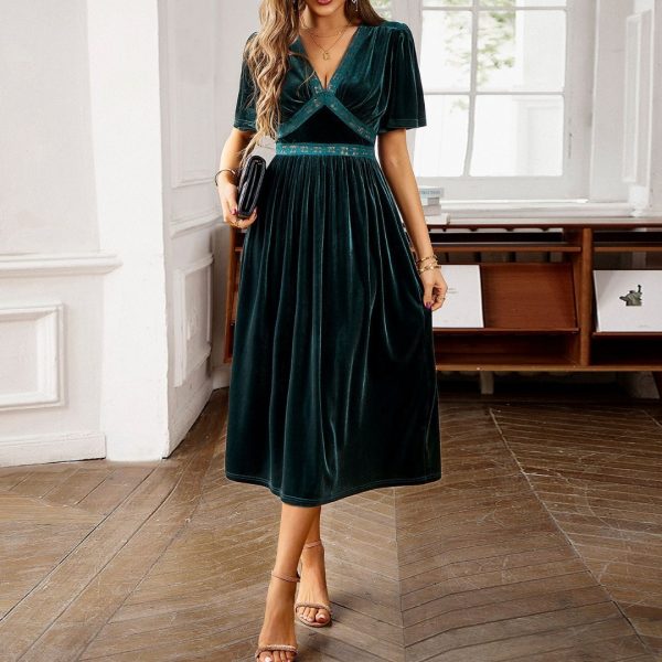 Women's Clothing Summer 2026 Elegant Solid Color Velvet Embroidered Spliced V-Neck Short Sleeve Midi Dress