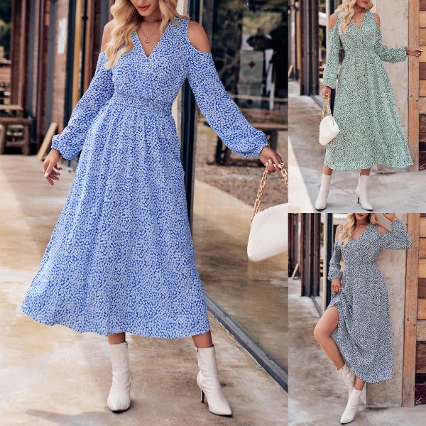 2026 New Arrivals Autumn Women's Fashion Casual Off-Shoulder Floral V-Neck Long Sleeve Maxi Dress