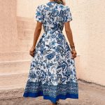Summer New Women's Clothing Elegant V-Neck Blue Vintage Floral Print Waist-Tied Midi Dress