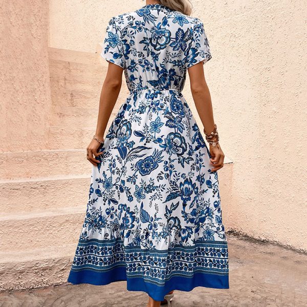 Summer New Women's Clothing Elegant V-Neck Blue Vintage Floral Print Waist-Tied Midi Dress