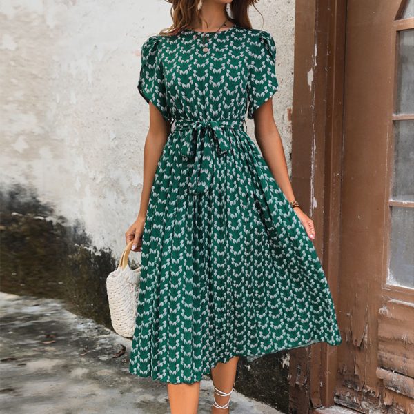 Amazon Hot Selling 2026 Elegant Fashion Floral Print Round Neck Tie Waist Dress