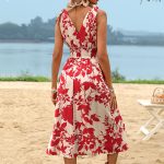 Women's Clothing Elegant Plant Print V-Neck Sleeveless Bohemian Style Vacation Dress