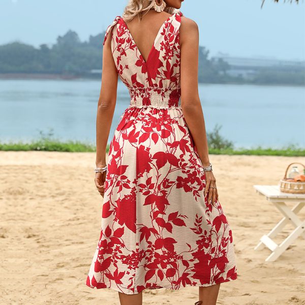 Women's Clothing Elegant Plant Print V-Neck Sleeveless Bohemian Style Vacation Dress