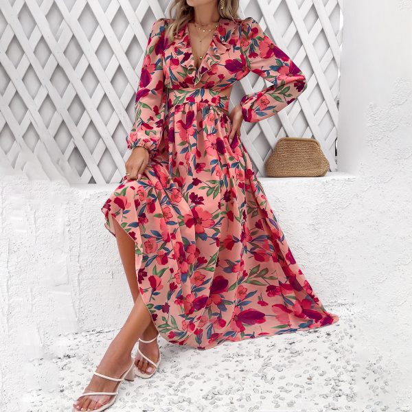 Autumn Fashion Women's Chiffon Long Sleeve Tie V-Neck Waist-Tied Maxi Print Dress