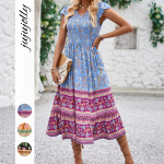 Summer Women's Clothing Elegant Floral Print V-Neck Flutter Sleeve Bohemian Midi Dress