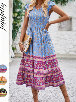 Summer Women's Clothing Elegant Floral Print V-Neck Flutter Sleeve Bohemian Midi Dress