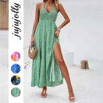 2026 New Arrivals Summer Sexy Beach Vacation Style Printed V-Neck Halter Dress