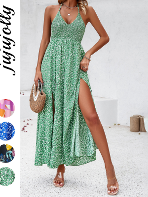 2026 New Arrivals Summer Sexy Beach Vacation Style Printed V-Neck Halter Dress
