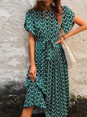 Amazon Hot Selling 2026 Elegant Fashion Floral Print Round Neck Tie Waist Dress