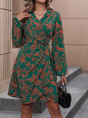 New Arrival 2026 Elegant One-Piece V-Neck Long Sleeve Floral Print Belted Short Dress