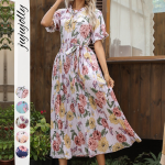 Summer Hot Selling 2026 Floral Print Elegant Style Ruffle Tie Mid-Length Pleated Dress