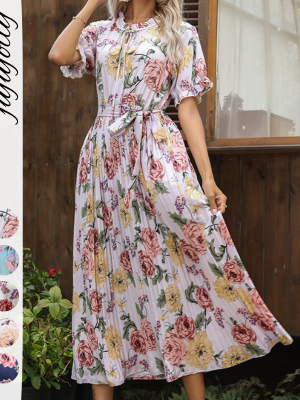 Summer Hot Selling 2026 Floral Print Elegant Style Ruffle Tie Mid-Length Pleated Dress