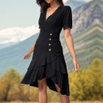 2026 New Arrivals Women's Clothing Elegant Solid Color V-Neck Asymmetrical Slim Fit Dress