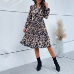 Elegant Woman Dress Autumn New V-Neck Ruched Print Tie Waist Long Sleeve Midi Dress