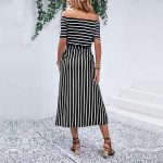 Zaba Clothing Women Summer Elegant Off-Shoulder Striped Tie Waist Midi Dress
