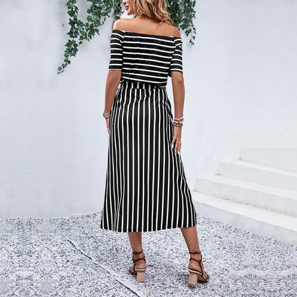 Zaba Clothing Women Summer Elegant Off-Shoulder Striped Tie Waist Midi Dress