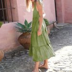 Summer Women's Clothing Elegant Sleeveless Solid Color Cotton Linen Dress with Ruffle Hem