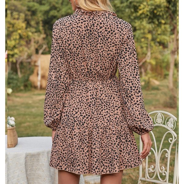 2026 New Arrivals Autumn Elegant French V-Neck Tie Animal Print Long Sleeve Knee-Length Dress