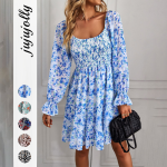 2026 New Arrivals Autumn Women's Bohemian Print Waist-Tied Square Neck Long Sleeve Dress