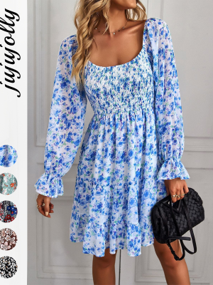 2026 New Arrivals Autumn Women's Bohemian Print Waist-Tied Square Neck Long Sleeve Dress