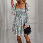 2026 New Arrivals Autumn Women's Bohemian Print Waist-Tied Square Neck Long Sleeve Dress