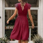New Arrivals 2026 Women's Elegant Solid Color V-Neck Waist-Gathered Pleated Dress